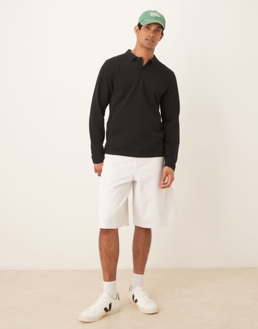 ASOS DESIGN long sleeve smart pique polo in black