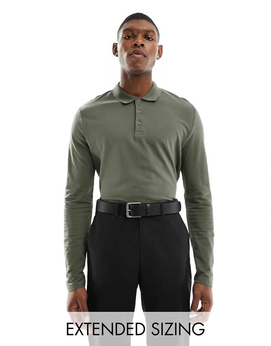 ASOS DESIGN long sleeve smart pique polo in khaki-Green