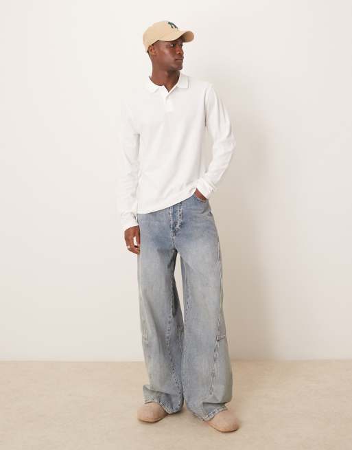 ASOS DESIGN long sleeve smart pique polo in white
