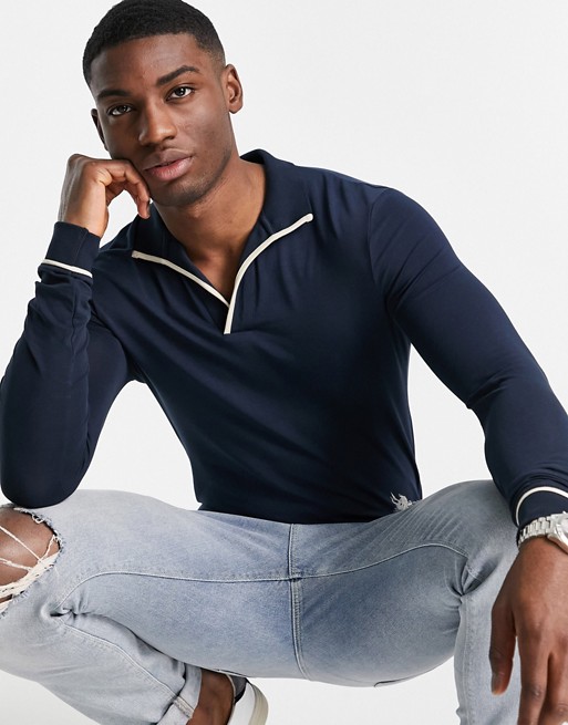 ASOS DESIGN long sleeve smart revere polo with tipping detail in navy