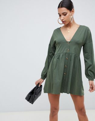 ASOS DESIGN long sleeve smock dress with buttons and waist panel | ASOS