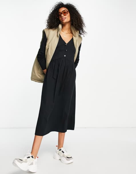 ASOS DESIGN long sleeve smock midi dress with buttons in black