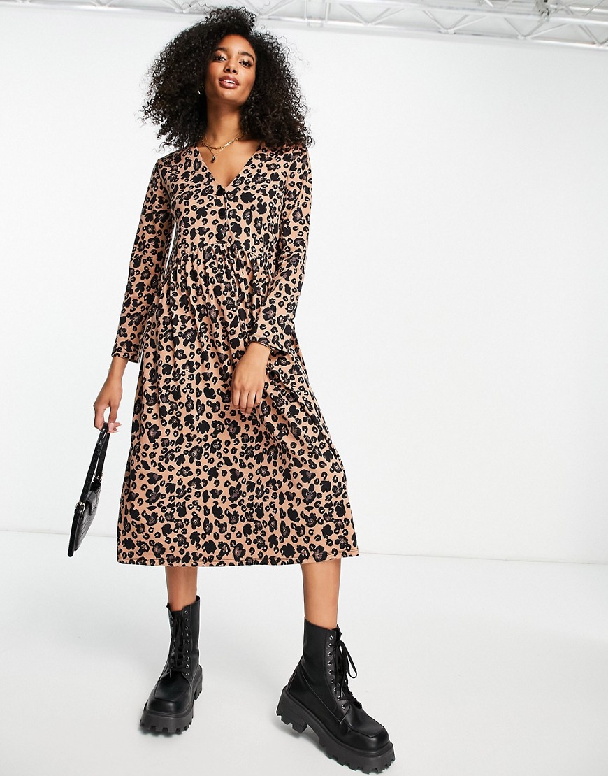 ASOS DESIGN long sleeve smock midi dress with buttons in leopard print-Multi