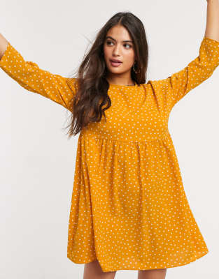 ASOS DESIGN long sleeve smock mini dress in mustard spot-Multi