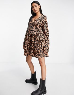 ASOS DESIGN long sleeve smock mini dress with buttons in leopard print
