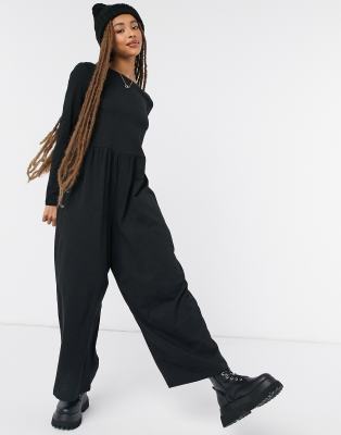 Asos Design Long Sleeve Smock Slub Jersey Jumpsuit-black ModeSens