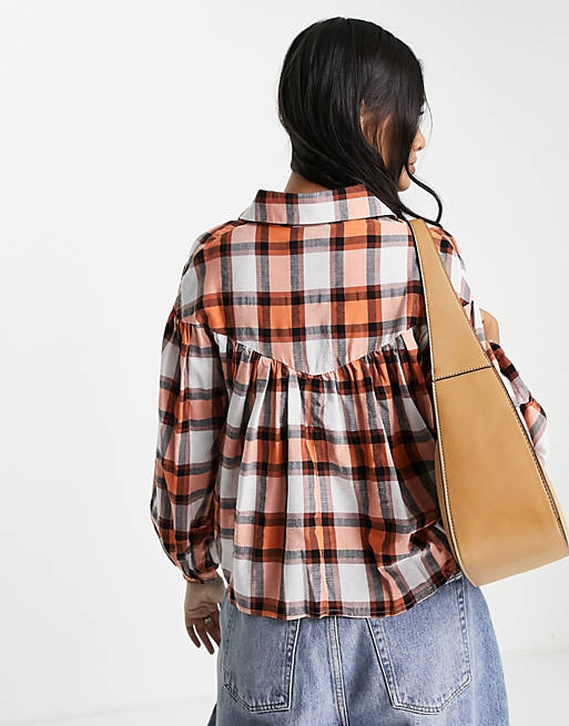 Women Shirts & Blouses/long sleeve smock top in orange and black check 