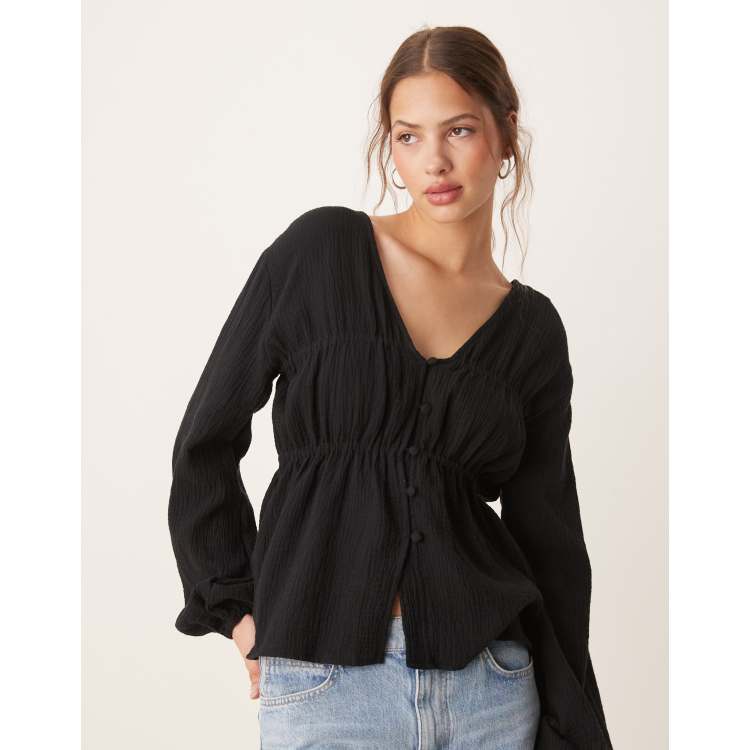 Blue Stripe Tie Front Puff Long Sleeve Smock Top | boohoo USA