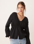[ASOS DESIGN] ASOS DESIGN long sleeve smock top with button front in black 8 BLACK