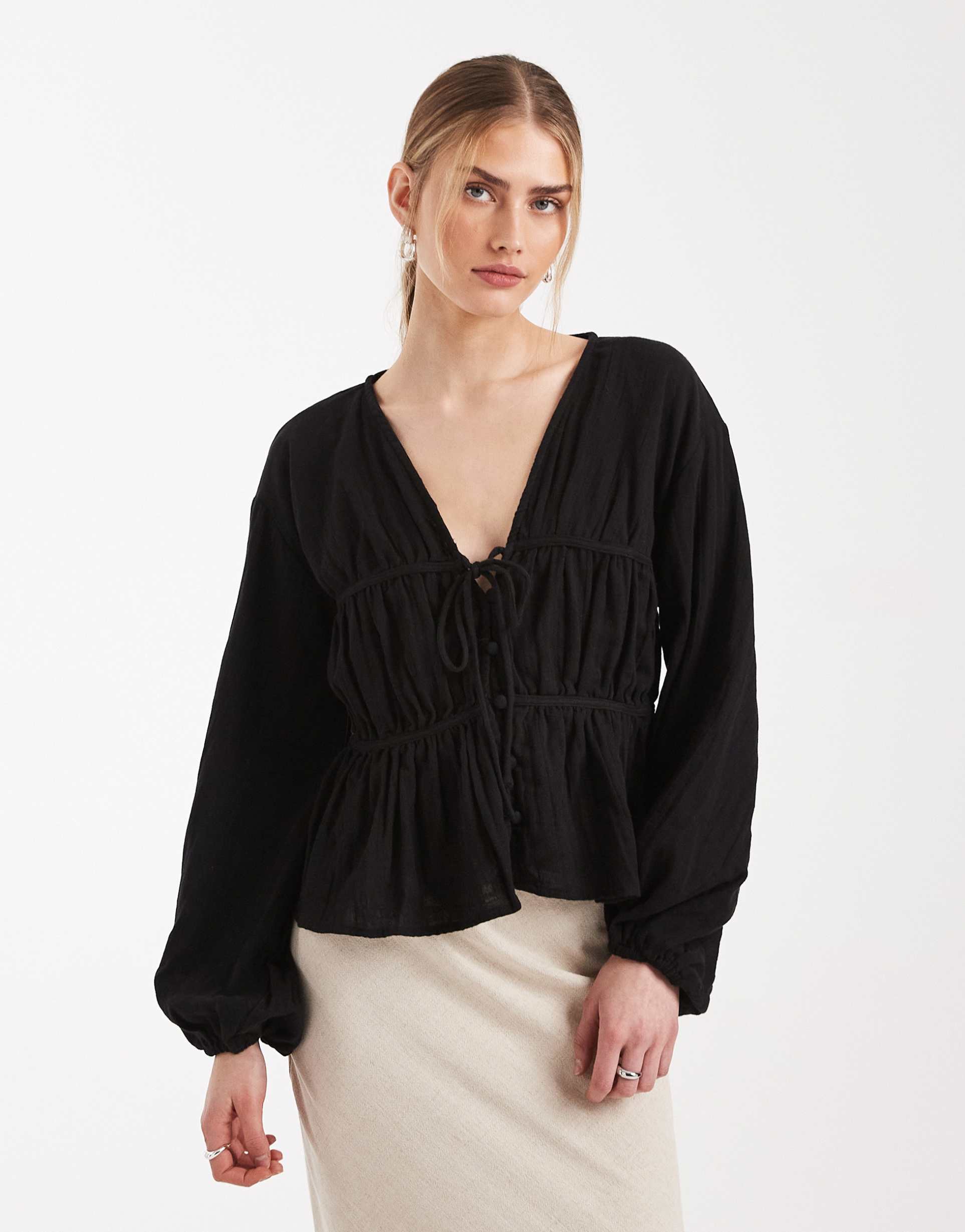 asos design long sleeve smock top with button front in black