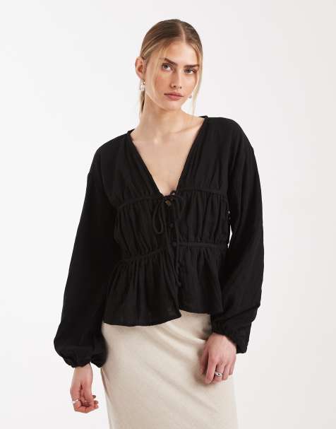 ASOS DESIGN long sleeve smock top with button front in black