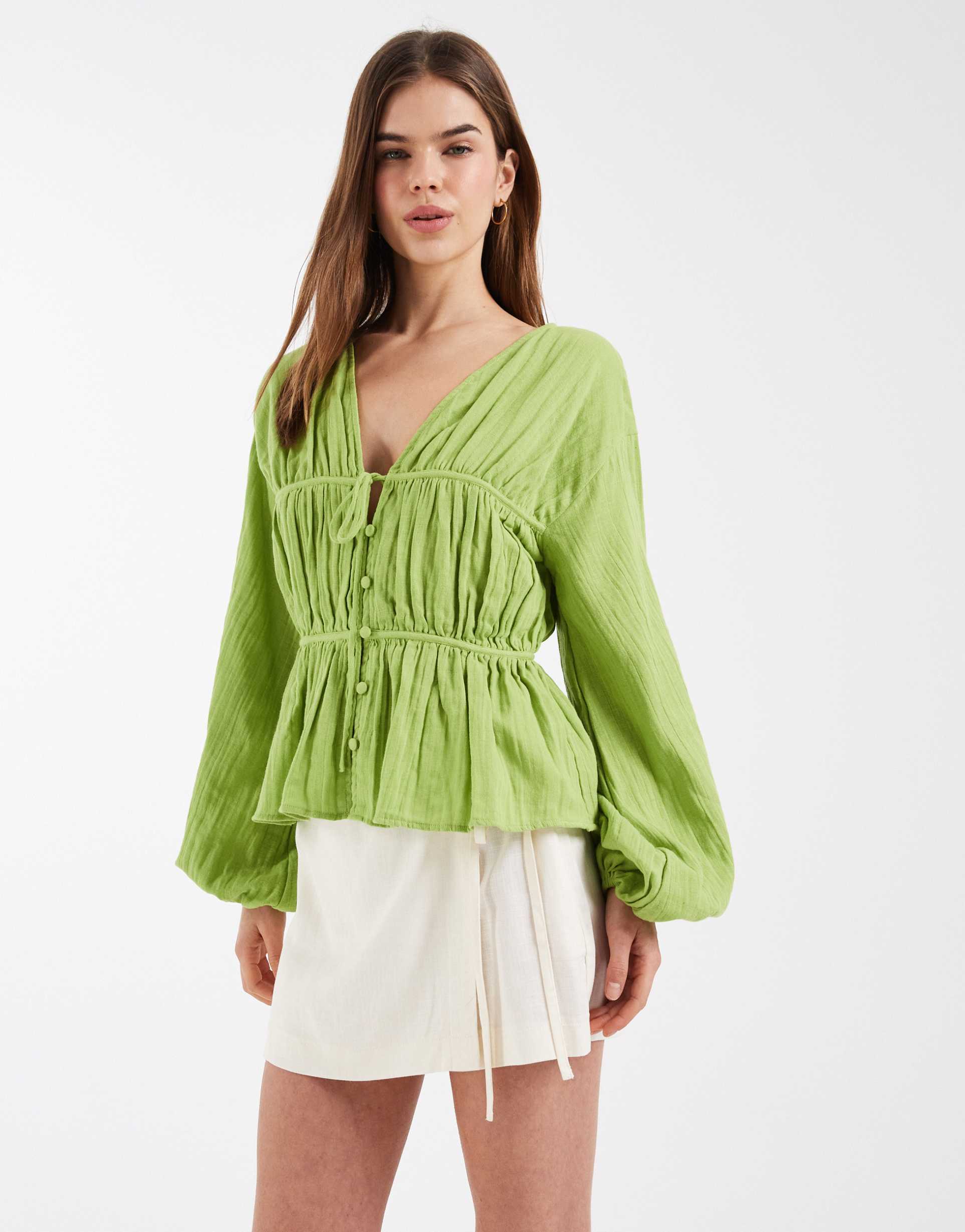 asos design long sleeve smock top with button front in green