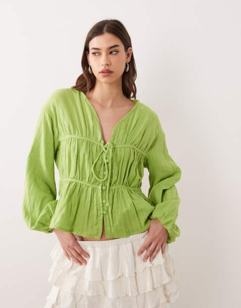 ASOS DESIGN long sleeve smock top with button front in green