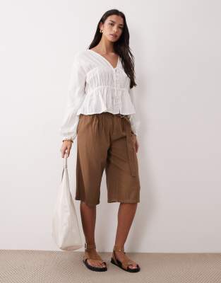 Asos Design Long Sleeve Smock Top With Button Front In White