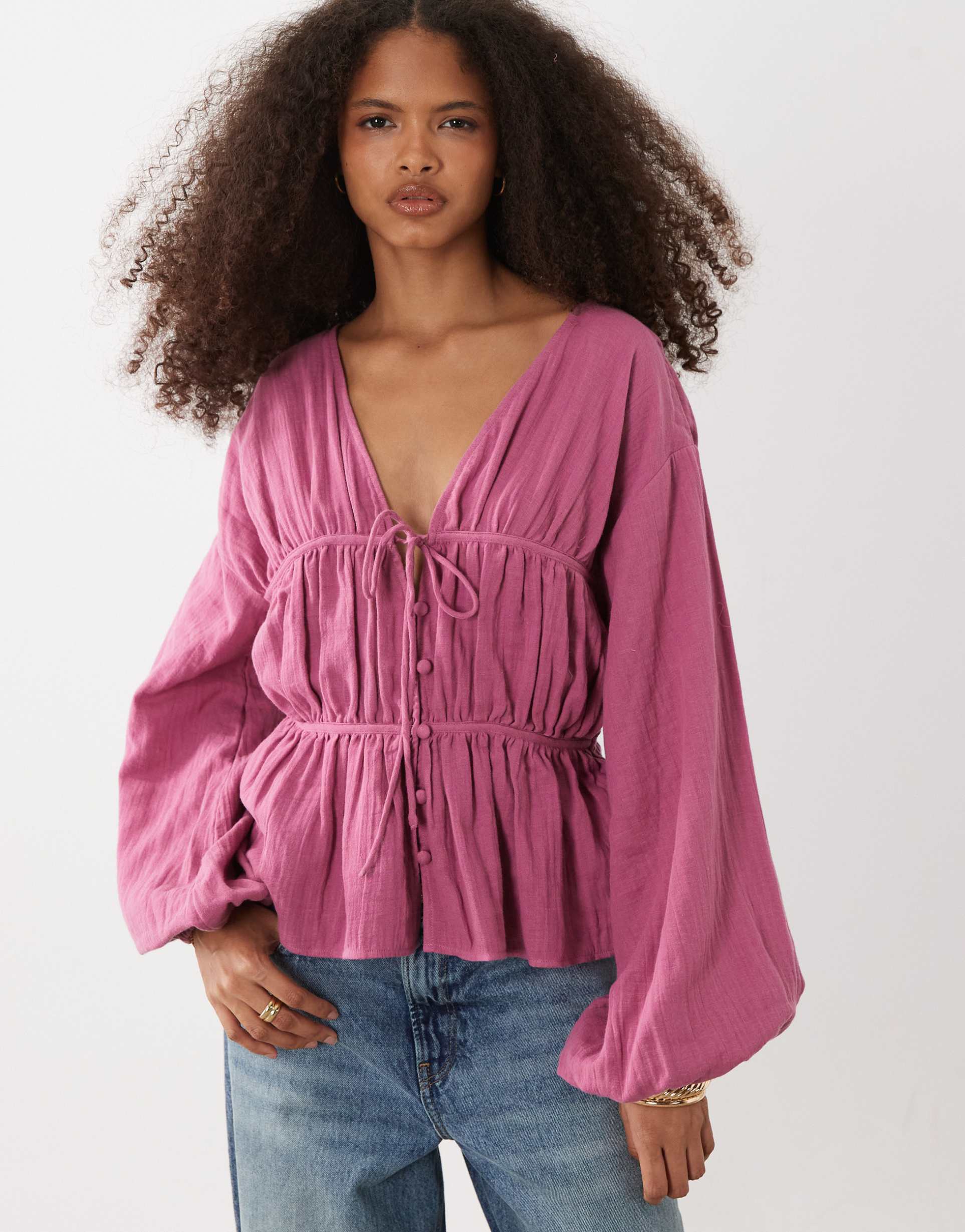 asos design long sleeve smock top with button front in orchid
