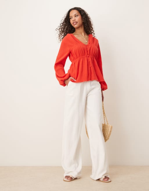 ASOS DESIGN long sleeve smock top with button front in red