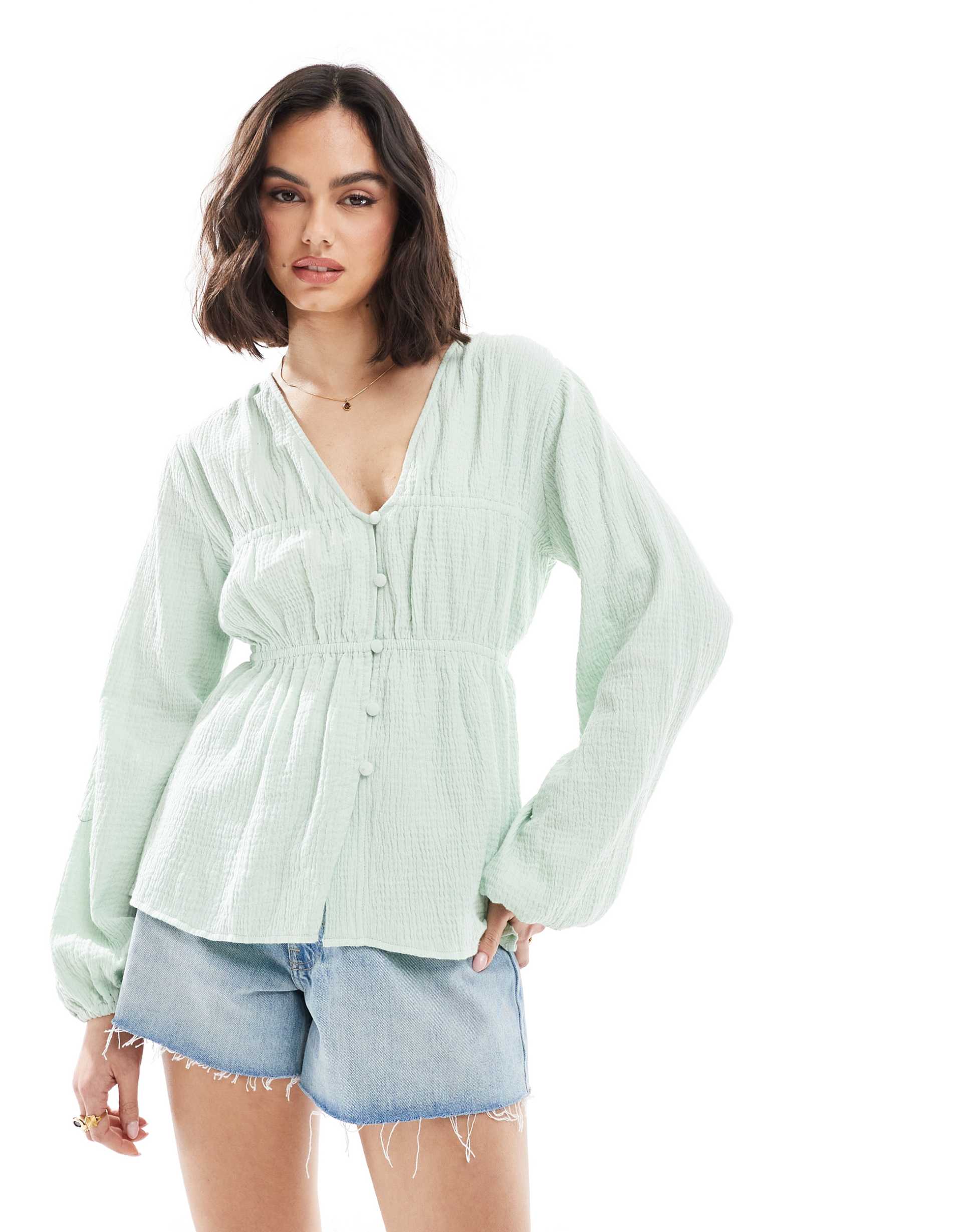 asos design long sleeve smock top with button front in sage