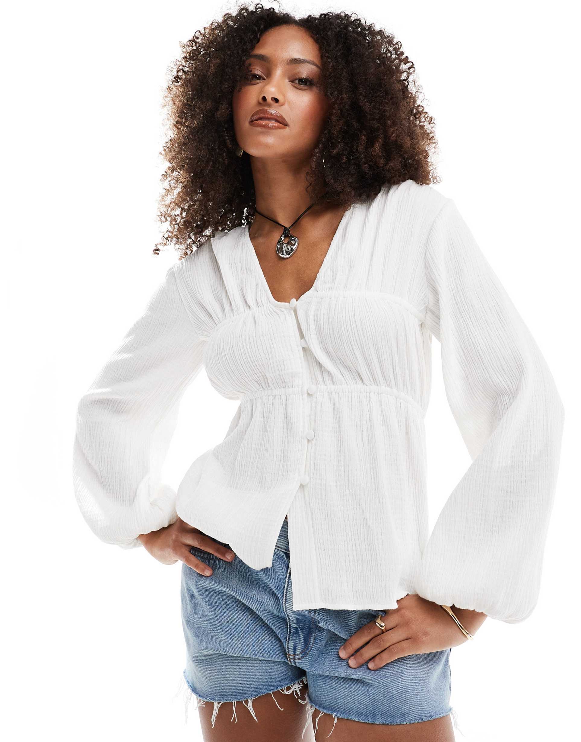 asos design long sleeve smock top with button front in white