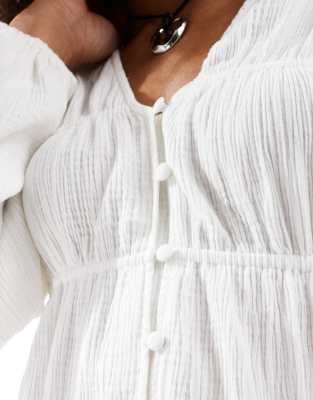 Asos Design Long Sleeve Smock Top With Button Front In White