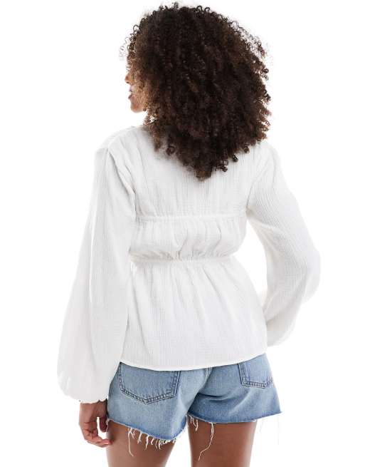 ASOS DESIGN long sleeve smock top with button front in white