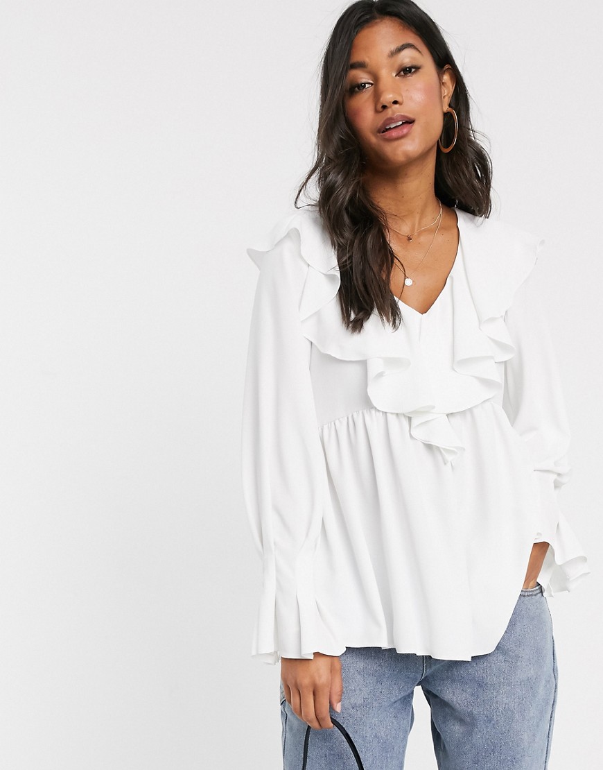 ASOS DESIGN long sleeve smock top with frill neck detail in ivory-White