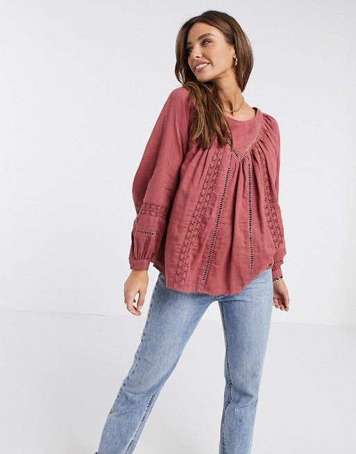 ASOS DESIGN long sleeve smock top with lace insert in Red