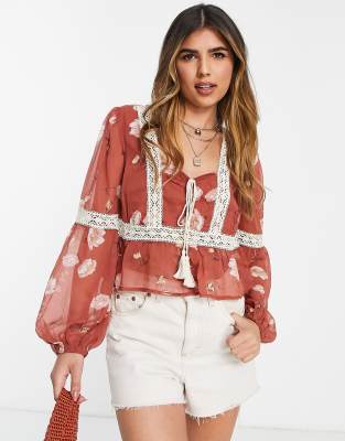 Asos Design Long Sleeve Smock Top With Lace Inserts In Floral Print-multi