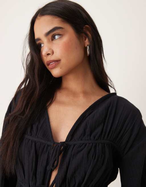 ASOS DESIGN long sleeve smock top with ties in black