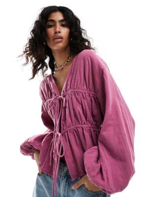 Asos Design Long Sleeve Smock Top With Ties In Orchid-pink