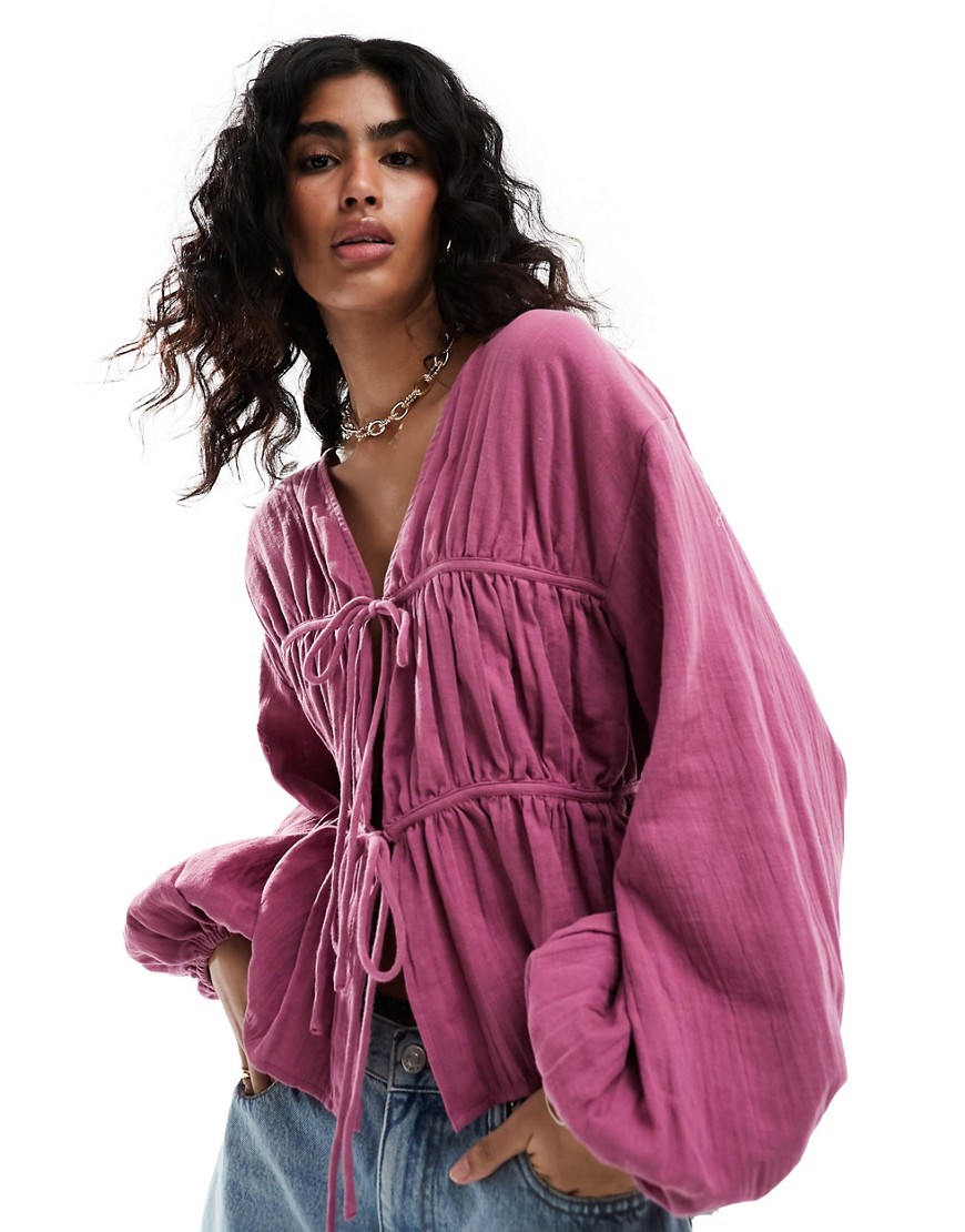 ASOS DESIGN long sleeve smock top with ties in orchid-Pink