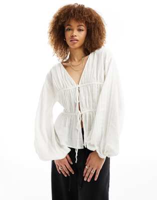 Asos Design Long Sleeve Smock Top With Ties In White