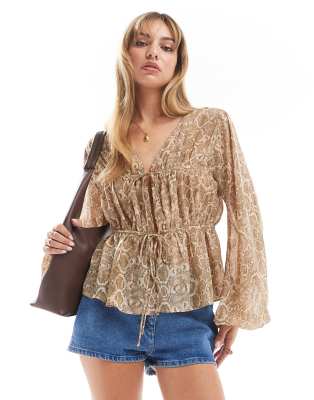 long sleeve smock top with ties snake print-Multi