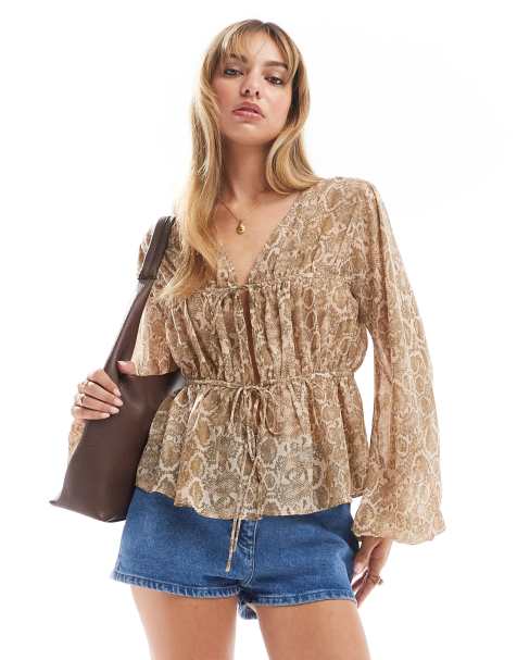 ASOS DESIGN long sleeve smock top with ties snake print - view 1