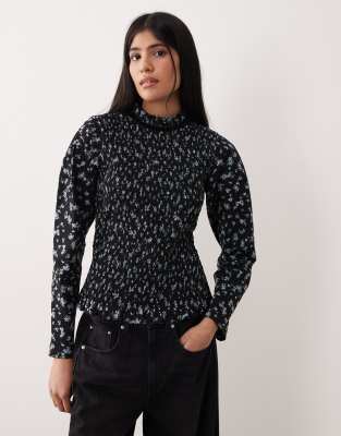 ASOS DESIGN long sleeve smocked top with open back in floral print