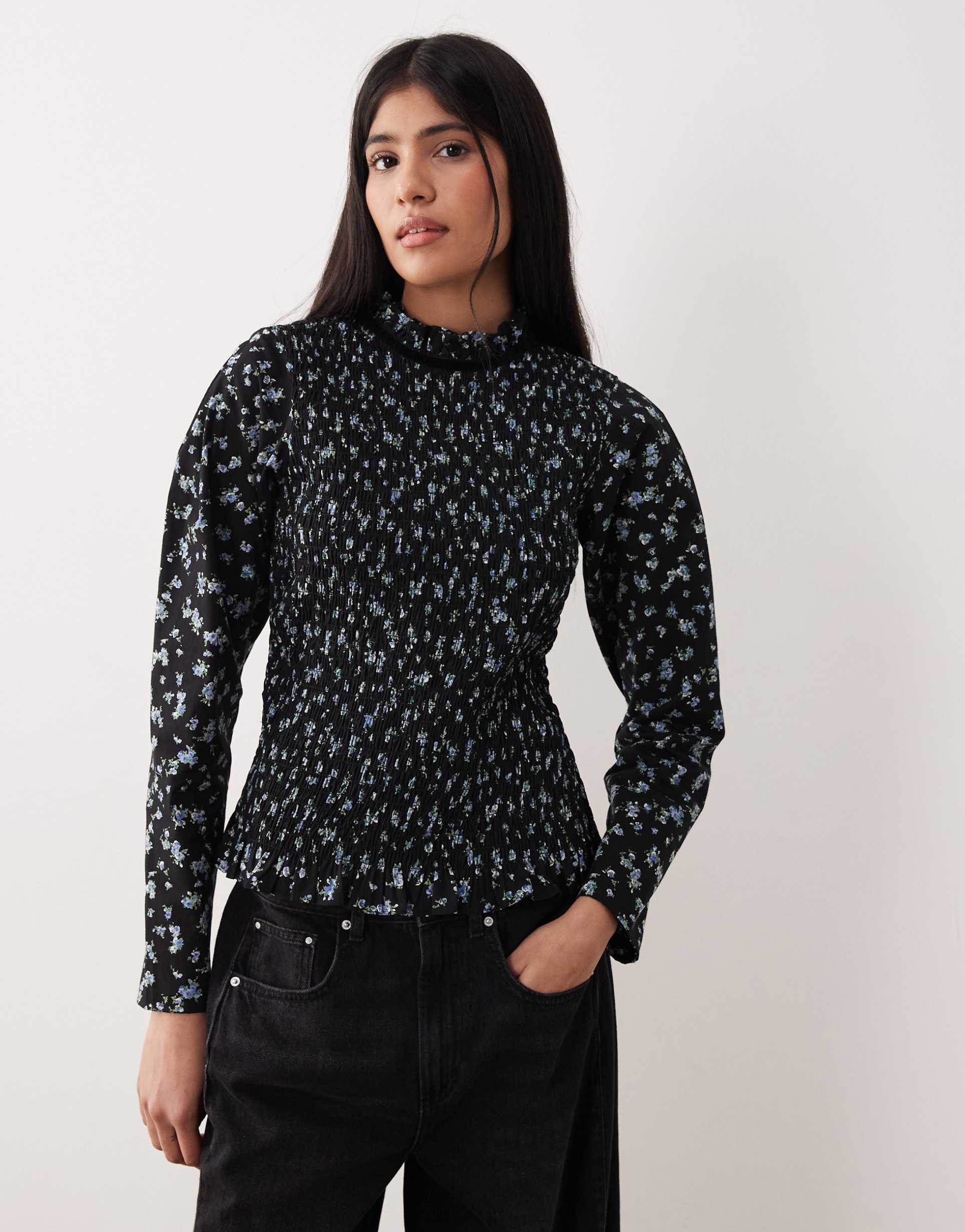 asos design long sleeve smocked top with open back in floral print