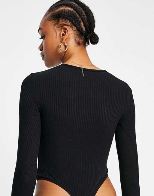 ASOS DESIGN bodysuit with snap front and thumb hole in black
