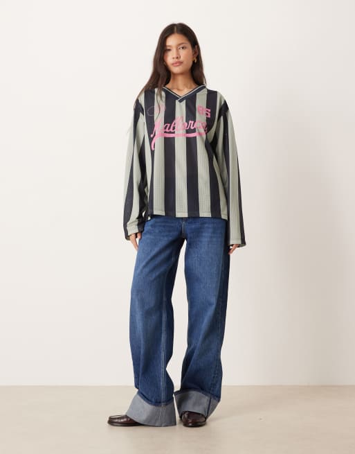 ASOS DESIGN long sleeve soccer style top with mallorca graphic in charcoal stripes