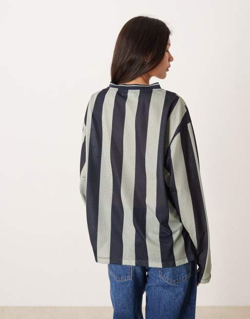 ASOS DESIGN long sleeve soccer style top with mallorca graphic in charcoal stripes