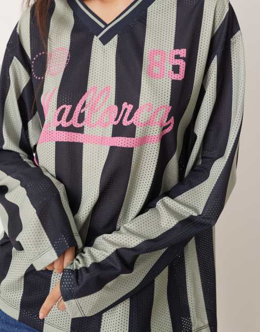 ASOS DESIGN long sleeve soccer style top with mallorca graphic in charcoal stripes
