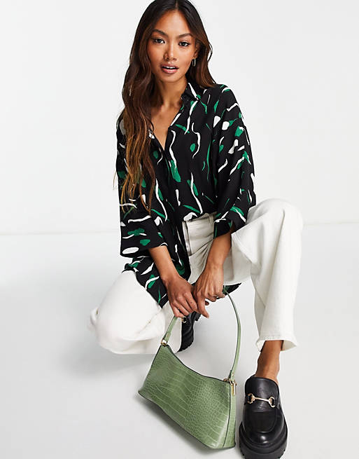 Tops Shirts & Blouses/long sleeve soft oversized shirt in white & green smudge print 