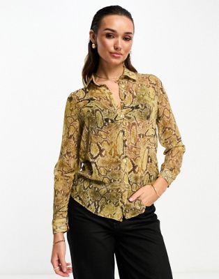 Asos Design Long Sleeve Soft Shirt In Brown Snake Print-multi