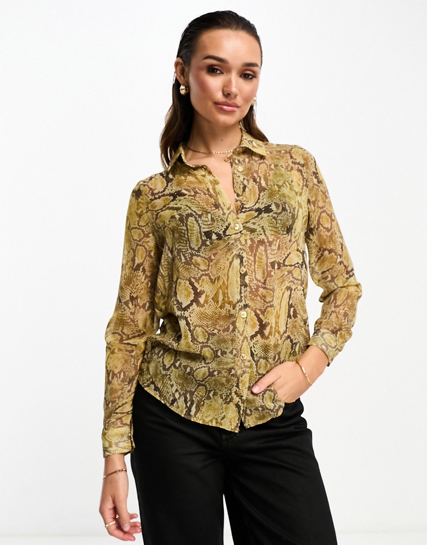 Asos Design Long Sleeve Soft Shirt In Brown Snake Print-multi