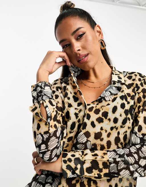 ASOS DESIGN long sleeve soft shirt in mixed animal scarf print