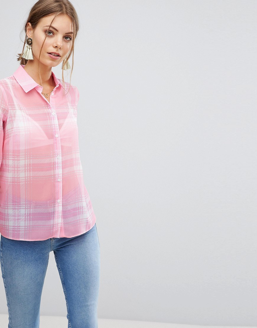 ASOS DESIGN long sleeve soft Shirt in Sheer Pink Check-Multi