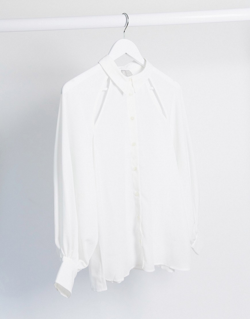 ASOS DESIGN long sleeve soft shirt with cut out detail in ivory-White