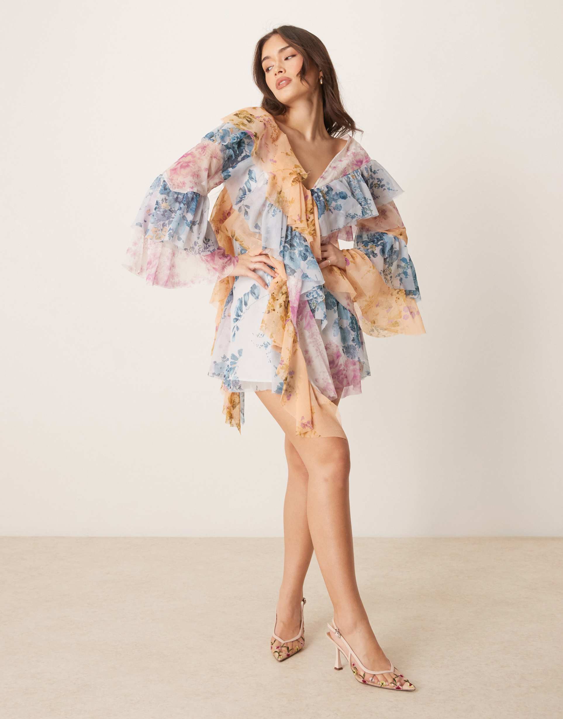 asos design long sleeve spliced mixed floral print ruffled smock mini dress