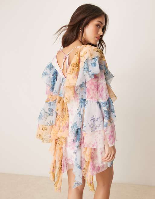 ASOS DESIGN long sleeve spliced mixed floral print ruffled smock mini dress, 3 of 4