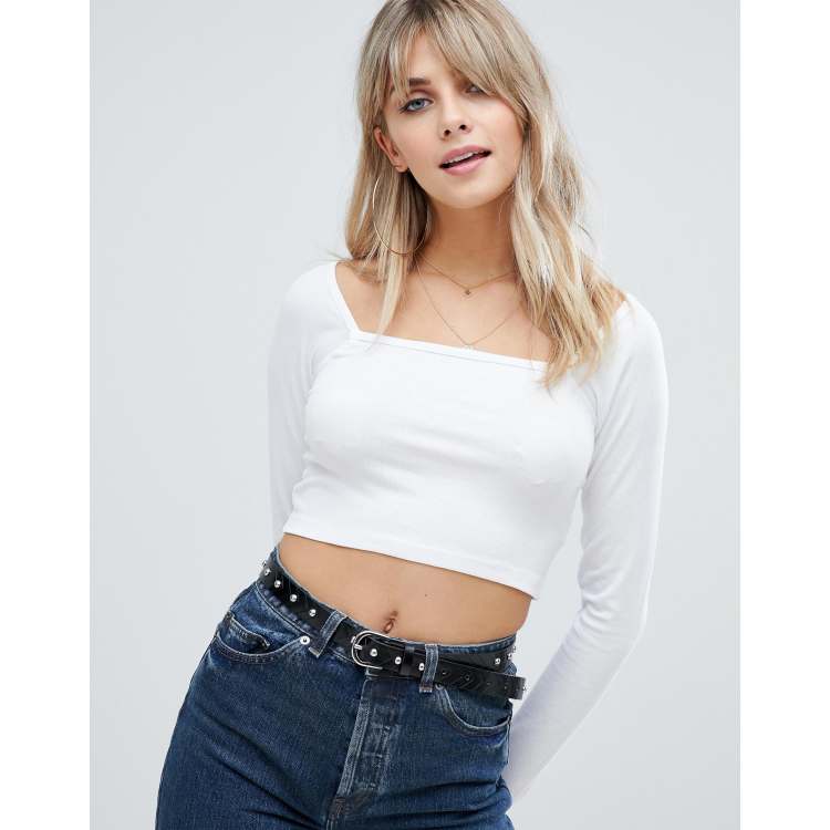 White Second Skin Square Neck Long Sleeve Crop Top