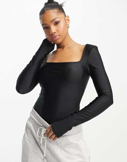 ASOS DESIGN long sleeve square neck disco bodysuit in black