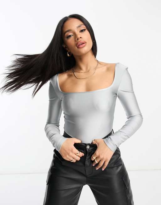 ASOS DESIGN long sleeve square neck disco bodysuit in silver